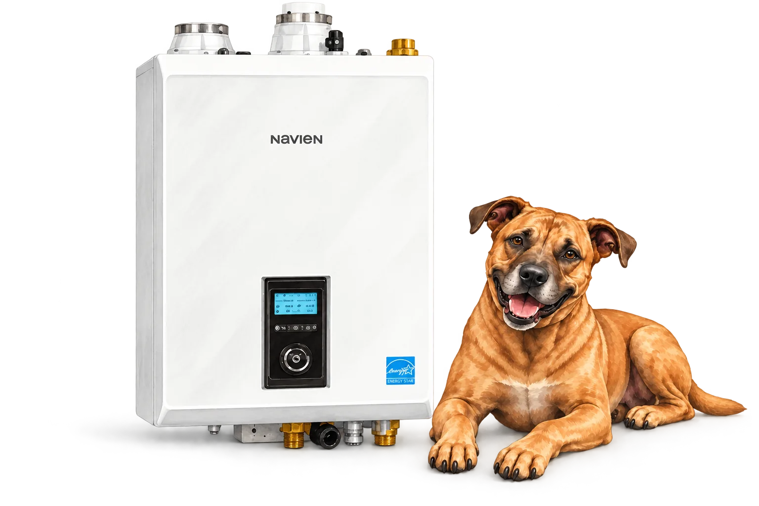 Illustration of Navien nhb-h condensing boiler with the RJ Sam’s dog.