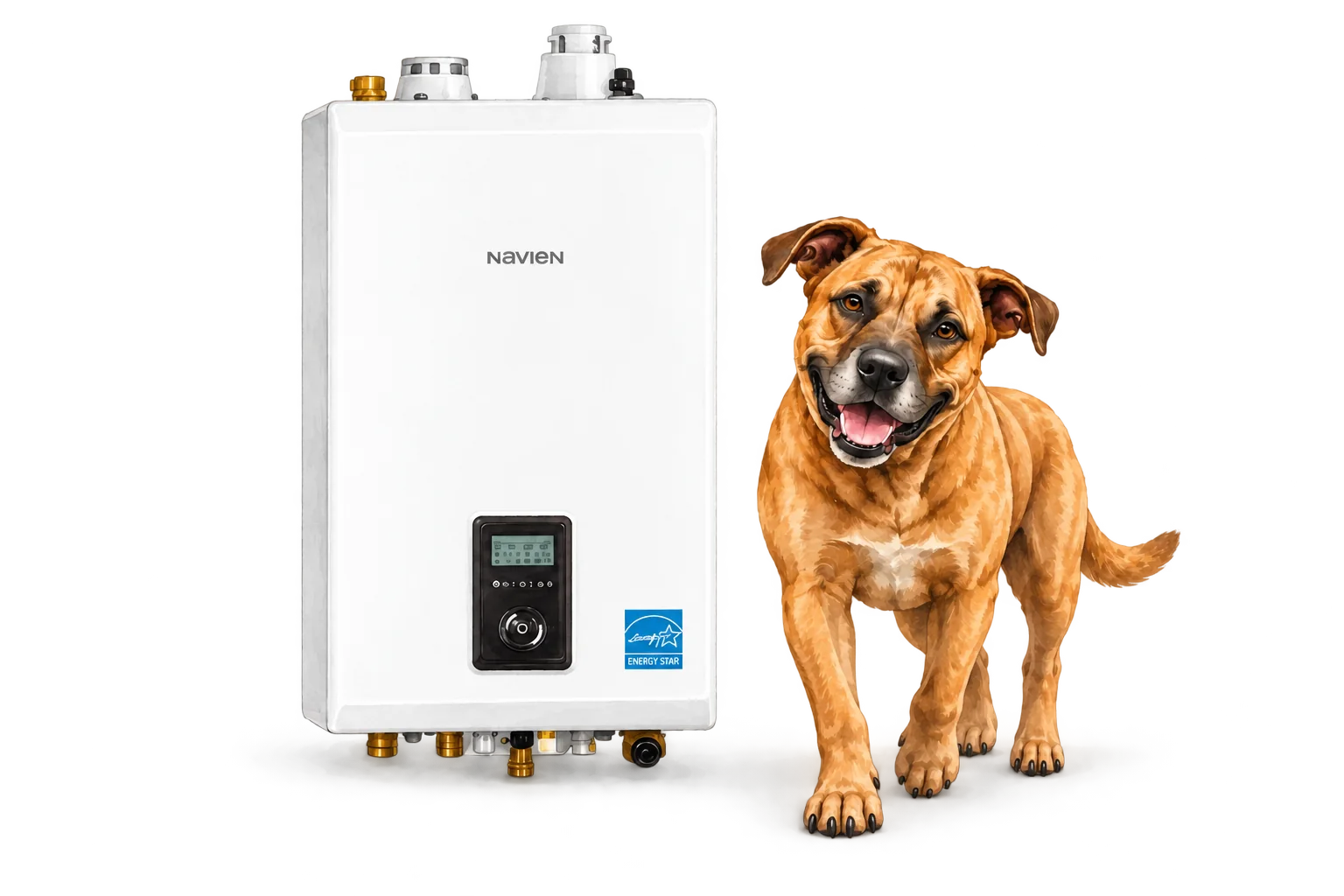 Illustration of Navien ncb-h combi-boiler with the RJ Sam’s dog.