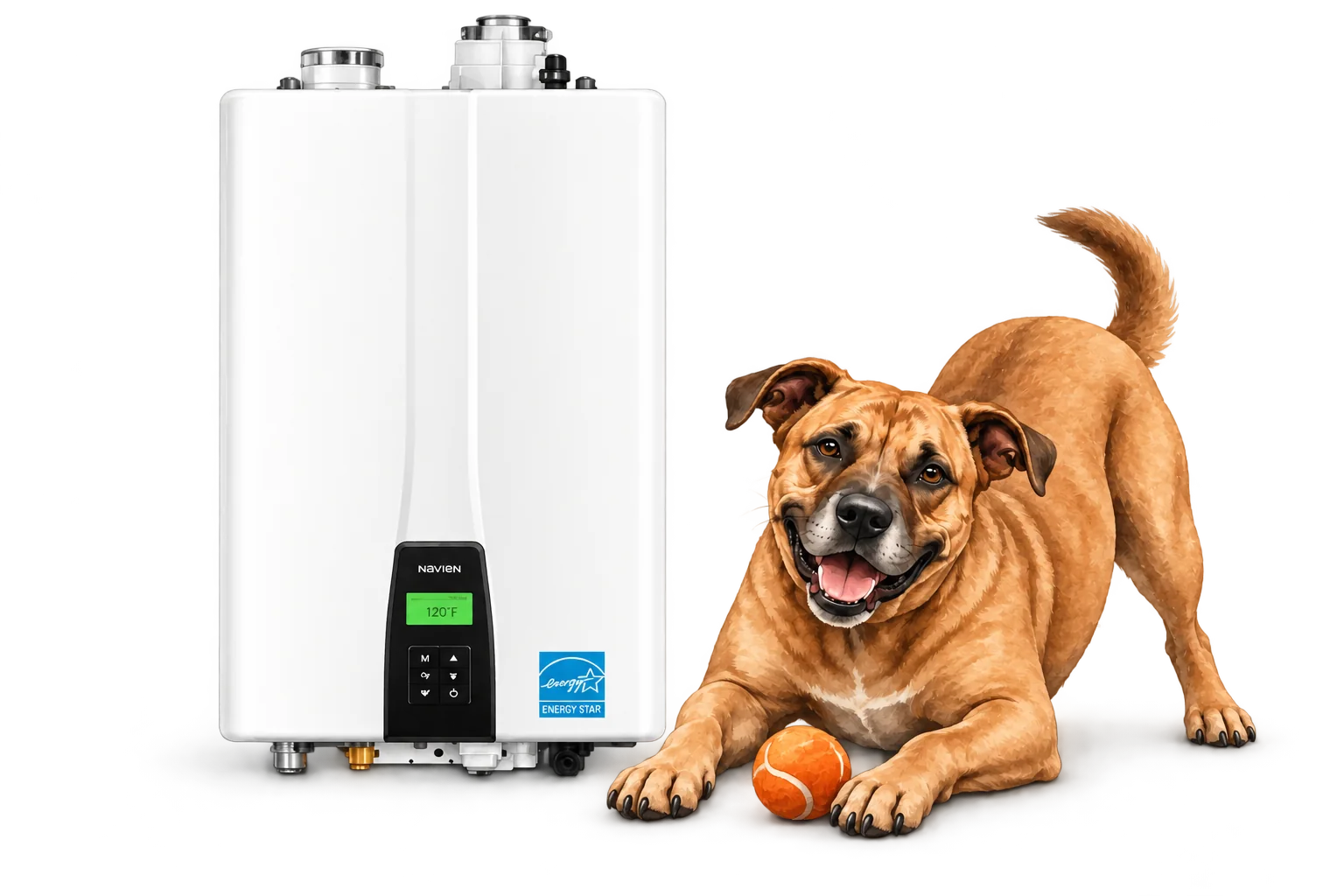 Illustration of Navien npe-a2 tankless water heater with the RJ Sam’s dog.