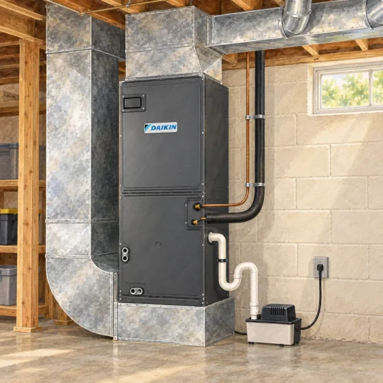 Watercolor illustration of a Daikin AMST indoor air handler with separate supply and return ducts in an unfinished basement.
