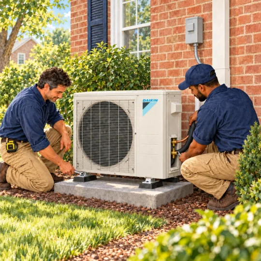 Watercolor illustration of two installers working on the outdoor Daikin-style inverter unit of a ductless system.