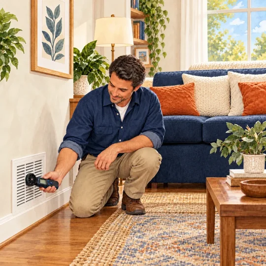 Watercolor illustration of a technician measuring airflow at a wall vent in a living room.