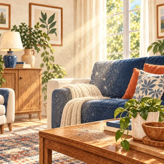 Watercolor illustration of airborne dust caught in sunlight in an empty living room.