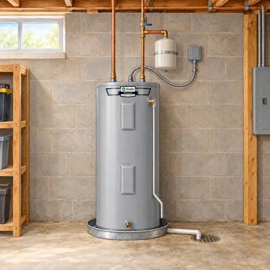 Watercolor illustration of an A. O. Smith-style electric tank water heater with water and electrical connections in an unfinished basement.