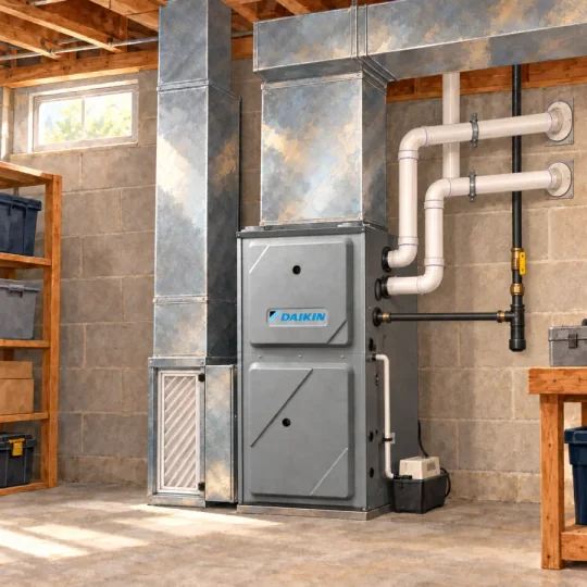 Watercolor illustration of a closed Daikin-style gas furnace with separate ducts, gas feed and PVC combustion pipes in an unfinished basement.