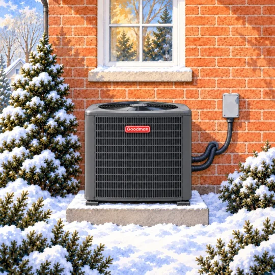 Watercolor illustration of a Goodman heat pump viewed square to the brick wall in winter.