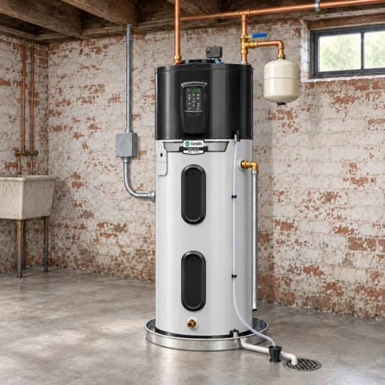 Watercolor illustration of a Voltex-style hybrid water heater in a whitewashed brick basement with a utility sink.