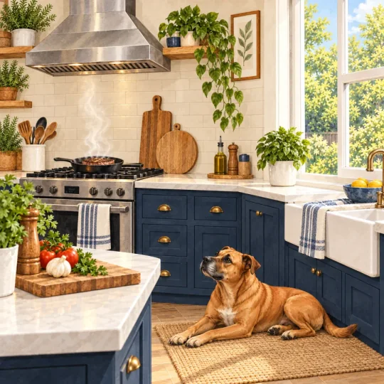 Watercolor illustration of a steak cooking beneath a kitchen range hood with Rose lying on the floor.