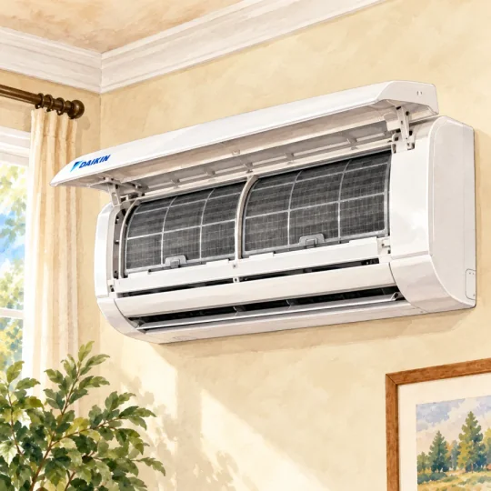 Watercolor close-up of a Daikin-style wall-mounted mini-split with its front cover raised and paired mesh filters visible.