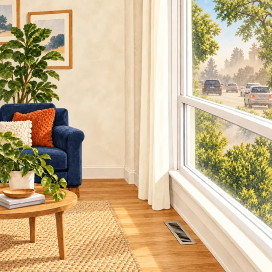 Watercolor illustration of a closed window overlooking hazy road traffic with a floor vent centered beneath the window.