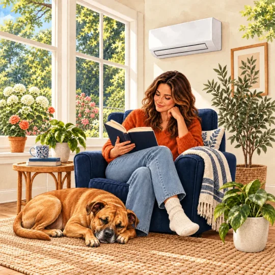 Watercolor illustration of a homeowner reading beneath a wall-mounted mini-split with RJ Sam’s dog Rose sleeping at her feet.