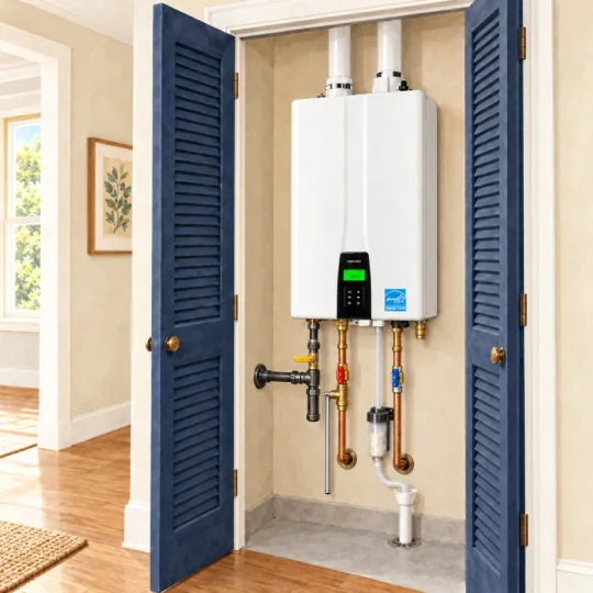 Watercolor illustration of a Navien-style tankless water heater and its connections in an open utility closet.