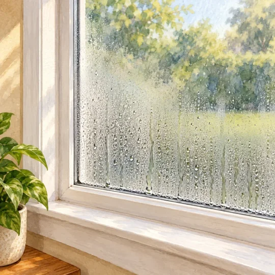 Watercolor close-up of condensation and water droplets on the inside of a window.