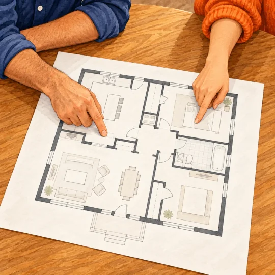 Watercolor close-up of an installer and homeowner pointing to different rooms on a floor plan.