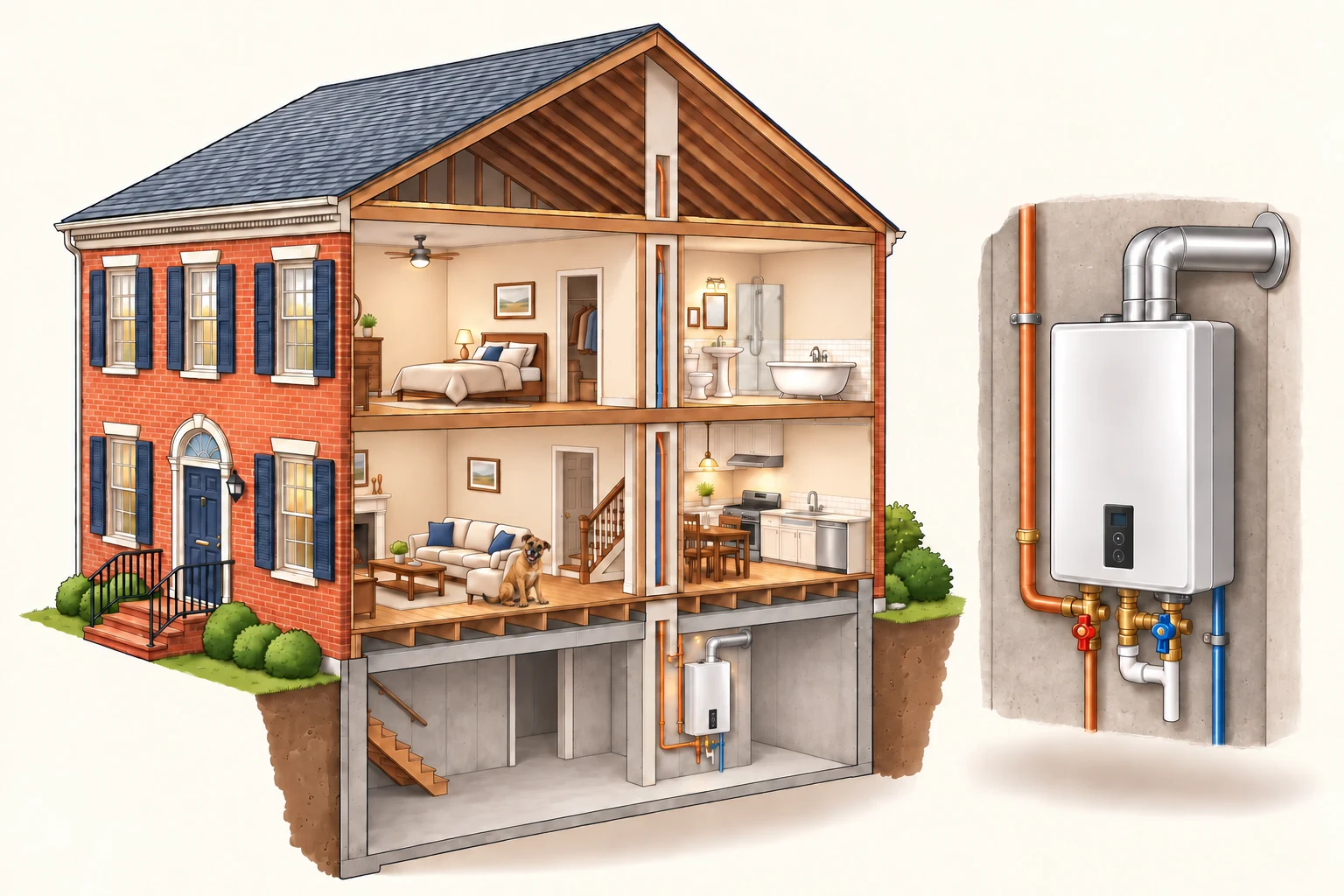 Conceptual house cutaway with a basement tankless heater and an enlarged wall-mounted unit.