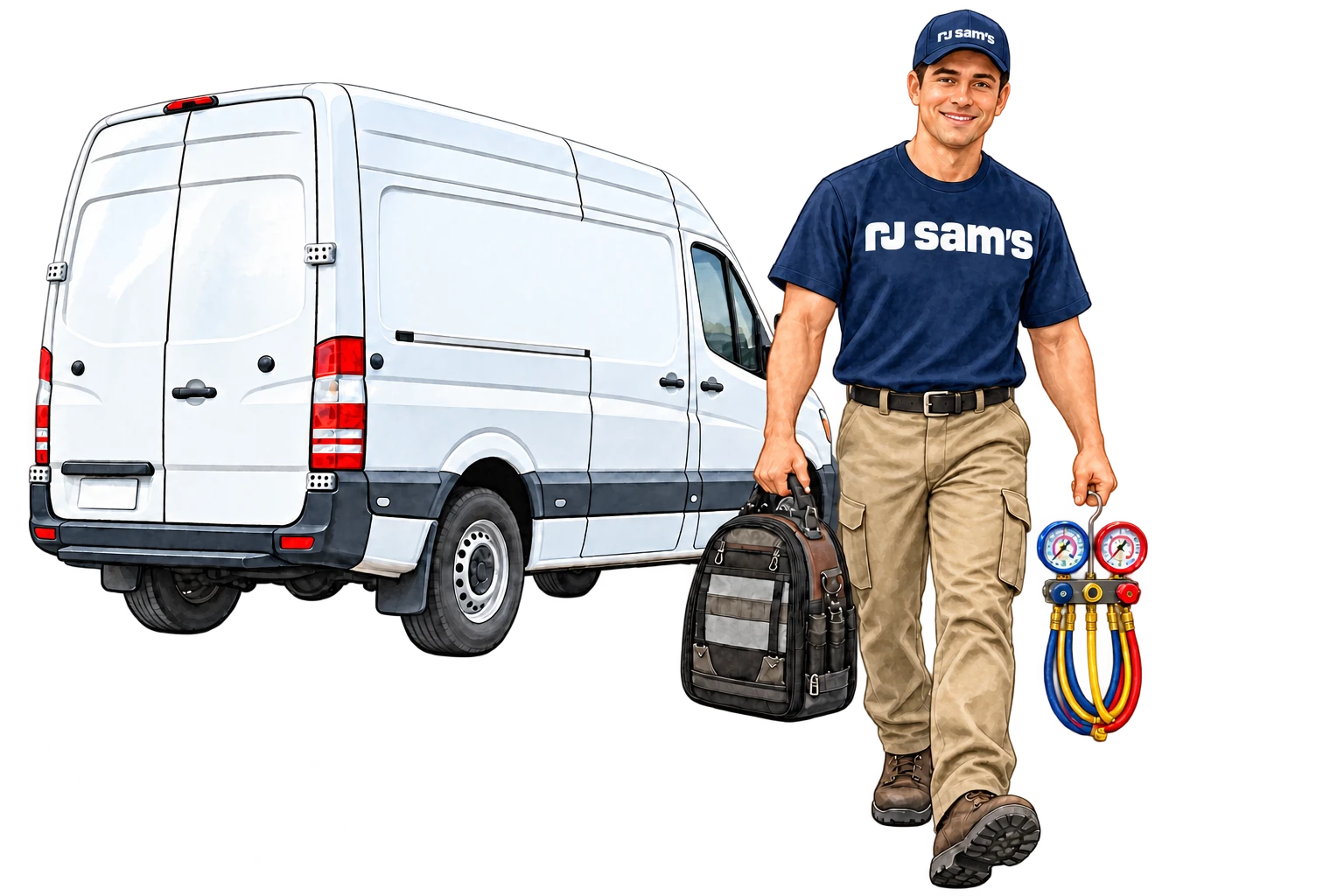 RJ Sam’s technician wearing a branded navy T-shirt and cap, khaki pants, carrying HVAC tools beside a branded white van.