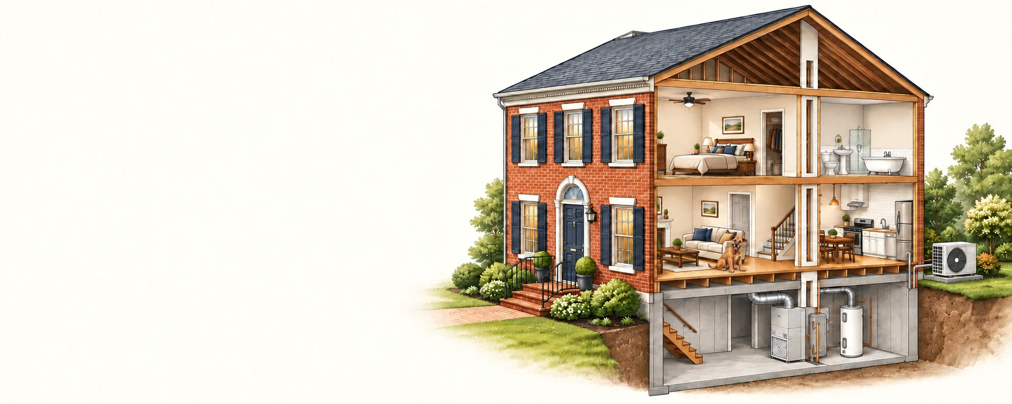 Conceptual house cutaway showing rooms and home-comfort equipment.