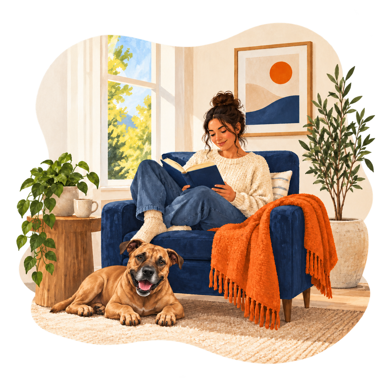 A relaxed homeowner reading beside RJ Sam’s mascot dog in a comfortable living room